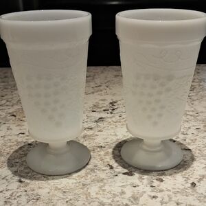 Vintage "Harvest Colony" White Milk Glass Goblets W/ Grape Vine Pattern 1940's